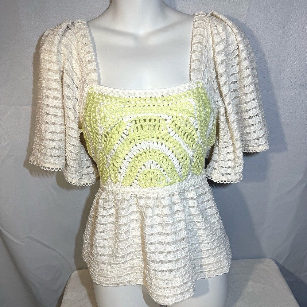 Sarah Hann Crochet Peplum Top XXS Cream &‎ Lime Boho Cottagecore